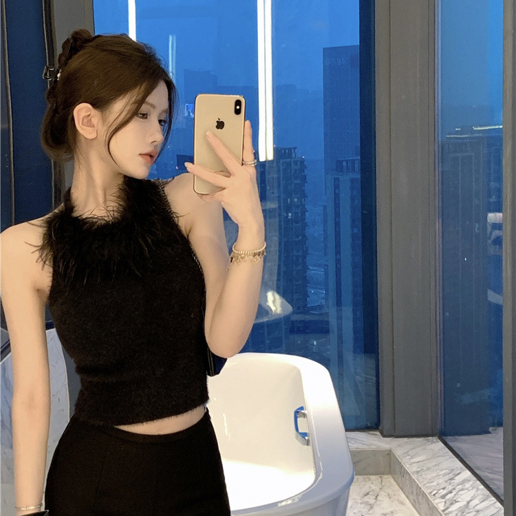 Naiste plüüs halterneck top, Sling stiil, kitsas lõige, lühike pikkus, polüester, mikroelasticus