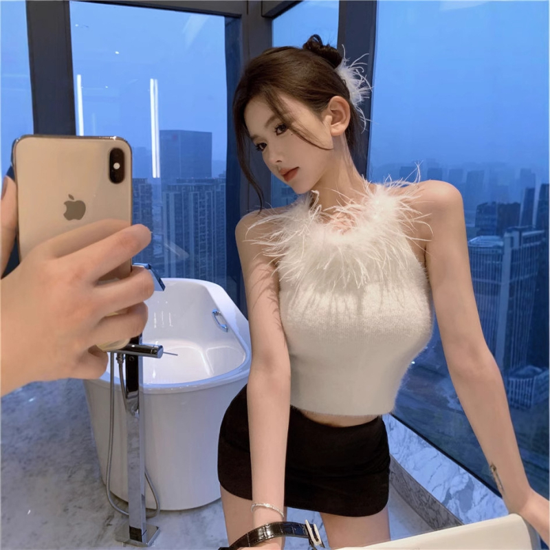 Naiste plüüs halterneck top, Sling stiil, kitsas lõige, lühike pikkus, polüester, mikroelasticus