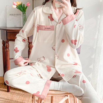 Imetamise-pijama komplekt ees avatud, pikkade varrukatega, kahekülgne kammitud puuvill, jänese muster, pükskostüüm, kevad 2023