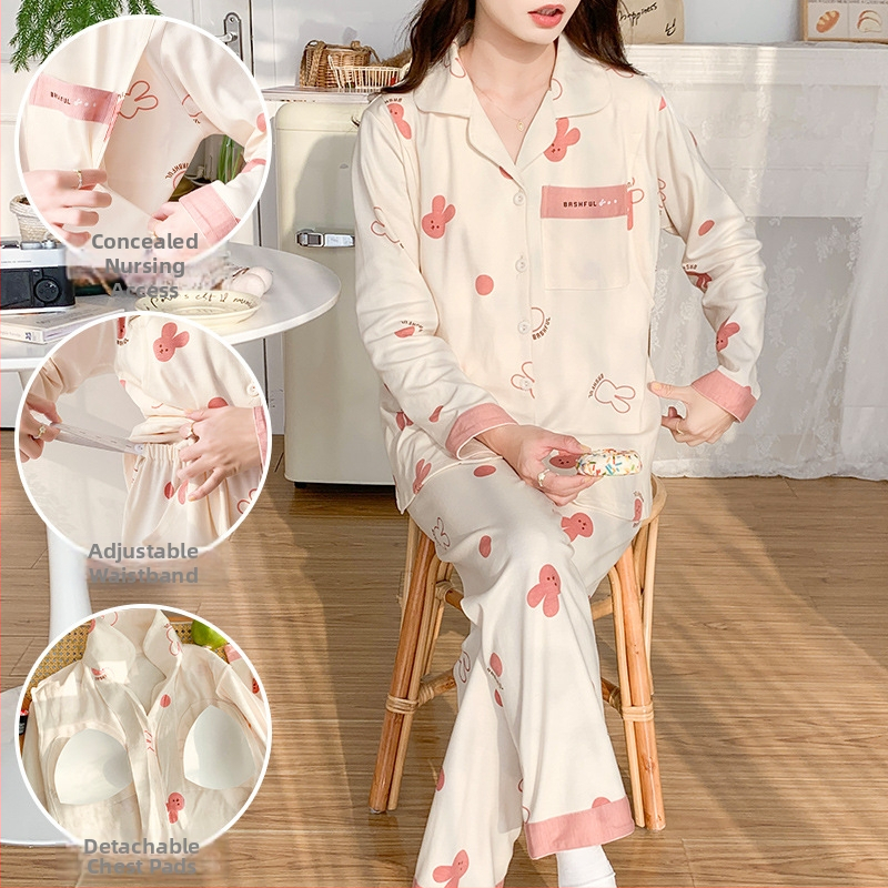 Imetamise-pijama komplekt ees avatud, pikkade varrukatega, kahekülgne kammitud puuvill, jänese muster, pükskostüüm, kevad 2023