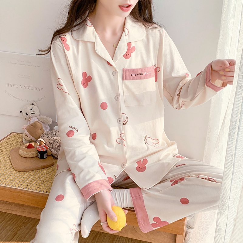 Imetamise-pijama komplekt ees avatud, pikkade varrukatega, kahekülgne kammitud puuvill, jänese muster, pükskostüüm, kevad 2023