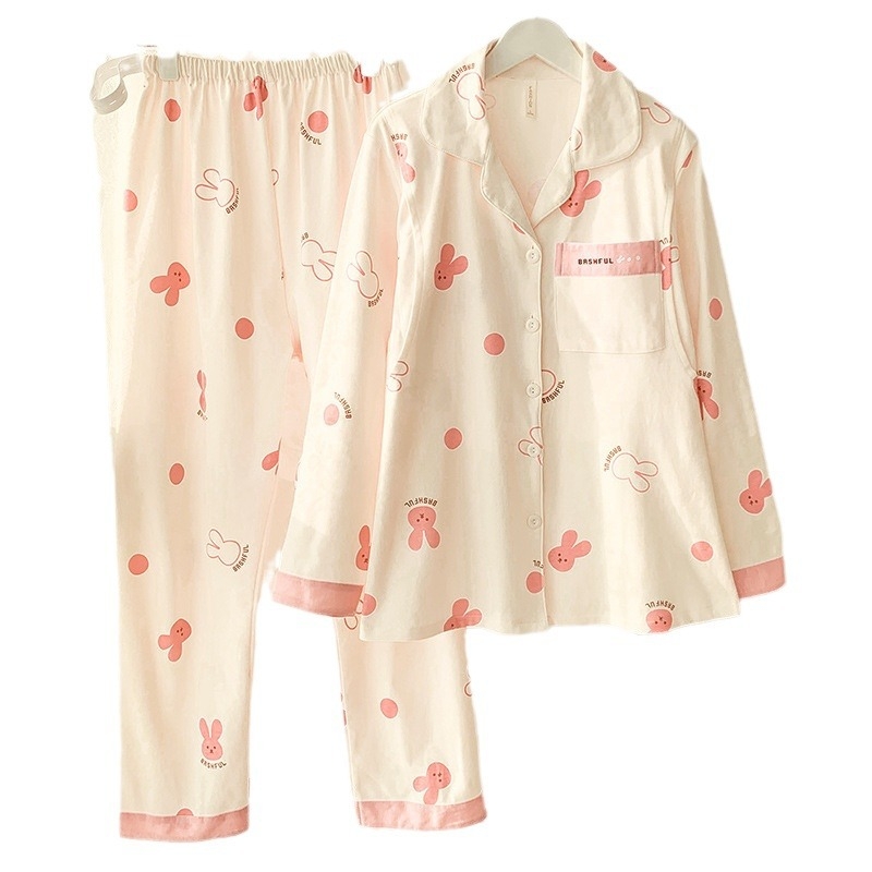 Imetamise-pijama komplekt ees avatud, pikkade varrukatega, kahekülgne kammitud puuvill, jänese muster, pükskostüüm, kevad 2023