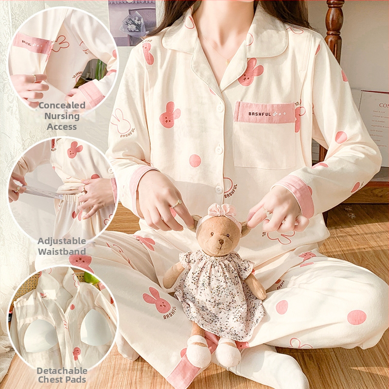 Imetamise-pijama komplekt ees avatud, pikkade varrukatega, kahekülgne kammitud puuvill, jänese muster, pükskostüüm, kevad 2023