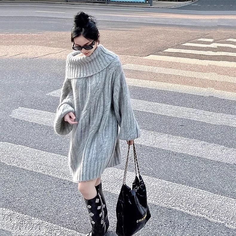 Rasedate kleit Chenille kangast, spandeksi segu alla 30%, polo krae, sarvedega varrukad, merine seelik, jaapani-korea vaba stiil