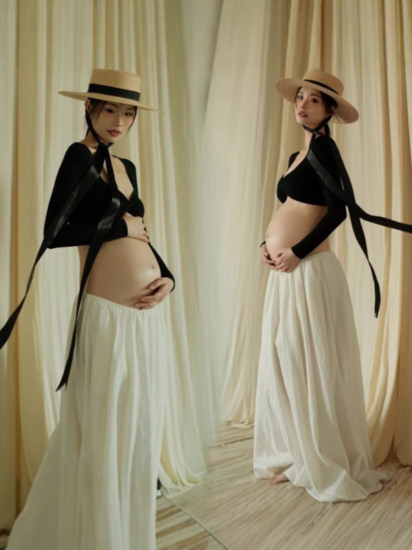 Rasedate fotostuudio riietus — seelikukostüüm pikkade varrukatega, polüesterkangas, peamine kiud 90–95% polüestrist, keskmise pikkusega seelik