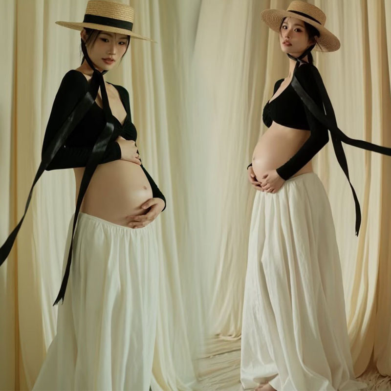 Rasedate fotostuudio riietus — seelikukostüüm pikkade varrukatega, polüesterkangas, peamine kiud 90–95% polüestrist, keskmise pikkusega seelik