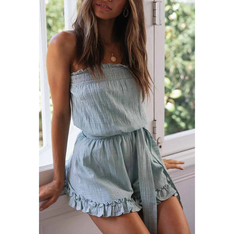 Kombinezon bez varrukas ar jostu, plānas linu, īsa kāja un plata, viduklis vidējā līmenī, puuvilla-poliesteru maisījums