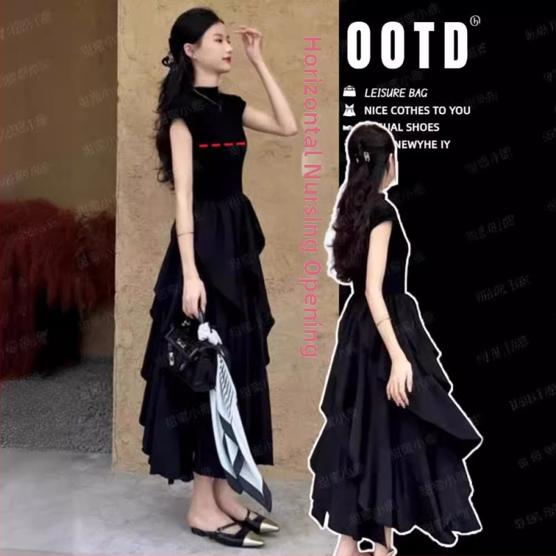 Imetamise kleit avausega imetamiseks, ebakorraparane midi seelik, kroonlehekujuline varrukad, lotose lehe krae, kootud kangas