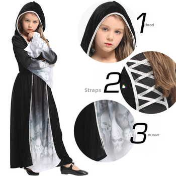 Halloween cosplay kostüüm tüdrukutele: printsesskostüüm skeleti-haldja kujundusega, mudel G-0301, polüester + spandex, mängude/rolimängude jaoks, sobib kuni 17-aastastele