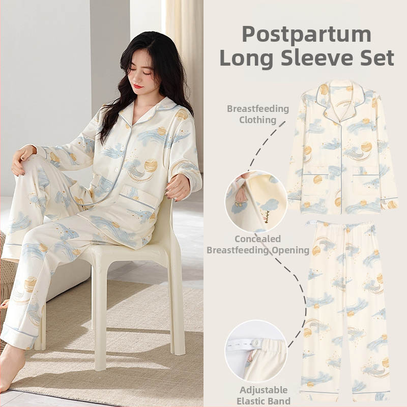 Pärast sünnitust imetavad pidžaamad varjatud küljeavaga — 100% puuvill, pikad varrukad, püksid, sügis-talvel kodu riietus