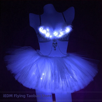 Valgustatud suledega rinnahoidja ja LED seelik komplekt rave-esinemiste jaoks; peamine kangas: 90% puuvill; unisex lavakostüüm, talv 2022