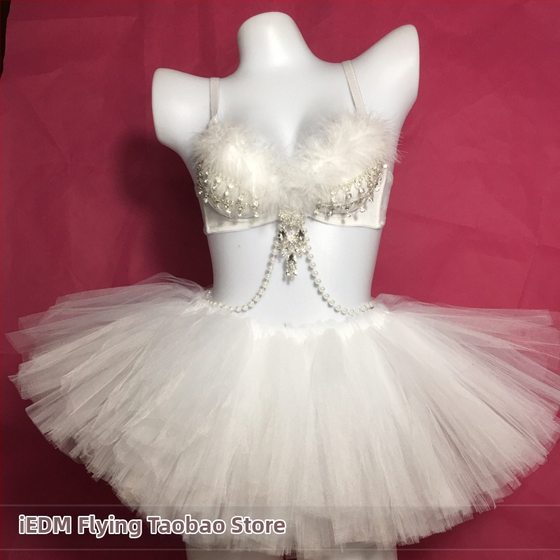 Žiariaci set prsníka s perím a LED sukňou pre rave vystúpenia; hlavná látka bavlna 90%; unisex scénické oblečenie, zima 2022