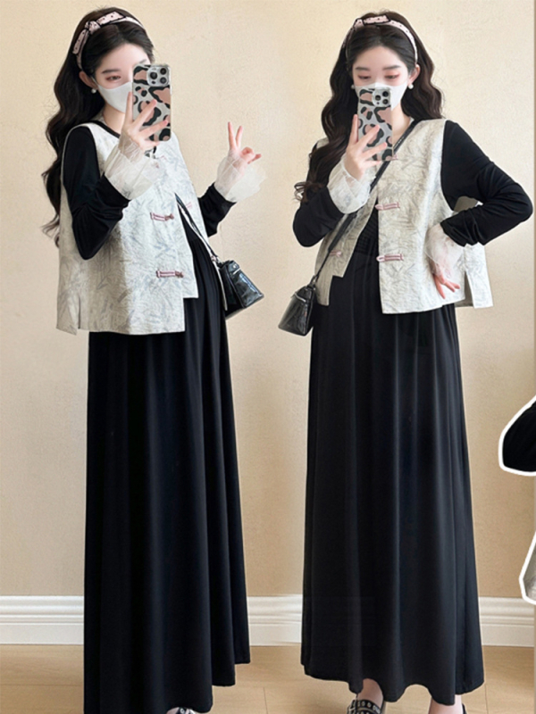 Rasedate kostüüm midi seelikuga: pikad varrukad, ühtne värv; materjalide koostis: akrüül 70–80% + Spandex <30% polüesteri segus