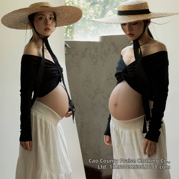 Rasedate fotosessiooni riietekomplekt pikkade käistega, polüester 70–80%, keskmise pikkusega seelik, seelik-kostüüm, kirjanduslik retro stiil, 2025. aasta sügis väljaanne.