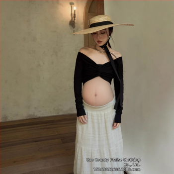 Rasedate fotosessiooni riietekomplekt pikkade käistega, polüester 70–80%, keskmise pikkusega seelik, seelik-kostüüm, kirjanduslik retro stiil, 2025. aasta sügis väljaanne.