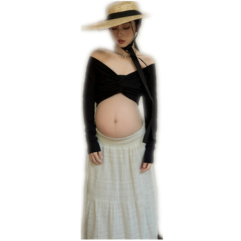 Rasedate fotosessiooni riietekomplekt pikkade käistega, polüester 70–80%, keskmise pikkusega seelik, seelik-kostüüm, kirjanduslik retro stiil, 2025. aasta sügis väljaanne.