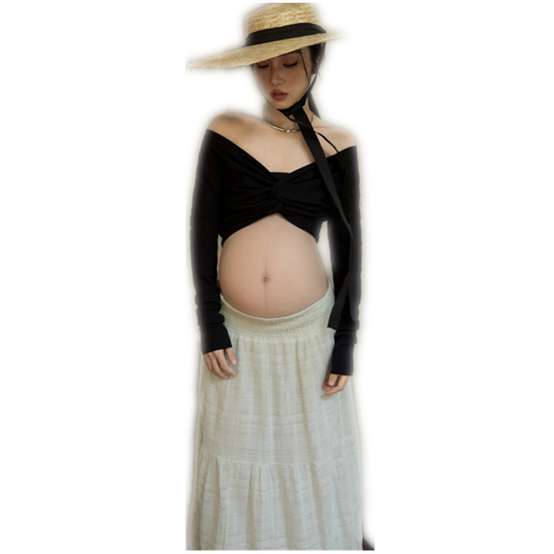 Rasedate fotosessiooni riietekomplekt pikkade käistega, polüester 70–80%, keskmise pikkusega seelik, seelik-kostüüm, kirjanduslik retro stiil, 2025. aasta sügis väljaanne.