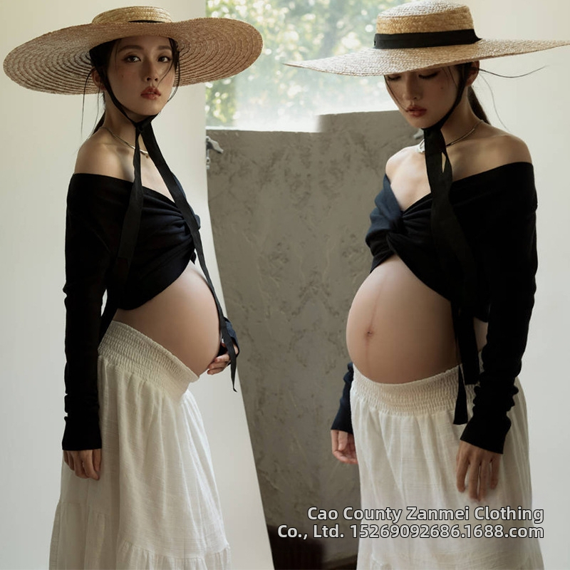 Rasedate fotosessiooni riietekomplekt pikkade käistega, polüester 70–80%, keskmise pikkusega seelik, seelik-kostüüm, kirjanduslik retro stiil, 2025. aasta sügis väljaanne.