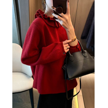 Rasedate komplekt: trikotaažist kampsun volang-kaelusega ja sametist midi seelik - ühetooniline, pikad varrukad, sügis 2025