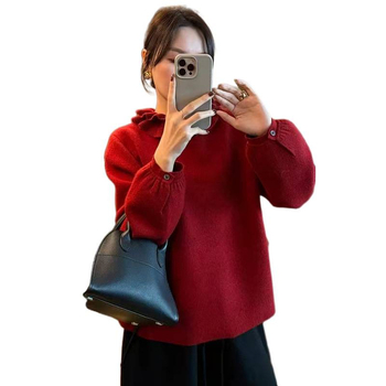 Rasedate komplekt: trikotaažist kampsun volang-kaelusega ja sametist midi seelik - ühetooniline, pikad varrukad, sügis 2025