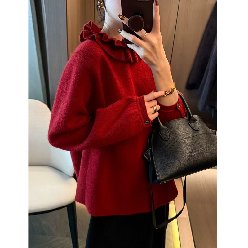 Rasedate komplekt: trikotaažist kampsun volang-kaelusega ja sametist midi seelik - ühetooniline, pikad varrukad, sügis 2025