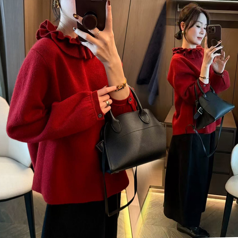 Rasedate komplekt: trikotaažist kampsun volang-kaelusega ja sametist midi seelik - ühetooniline, pikad varrukad, sügis 2025