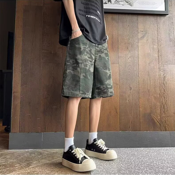 Dekonstruktiivsed kamuflaaž džinsšortsid - vaba lõige, mikroelastsest puuvillast denimi, suvi 2025