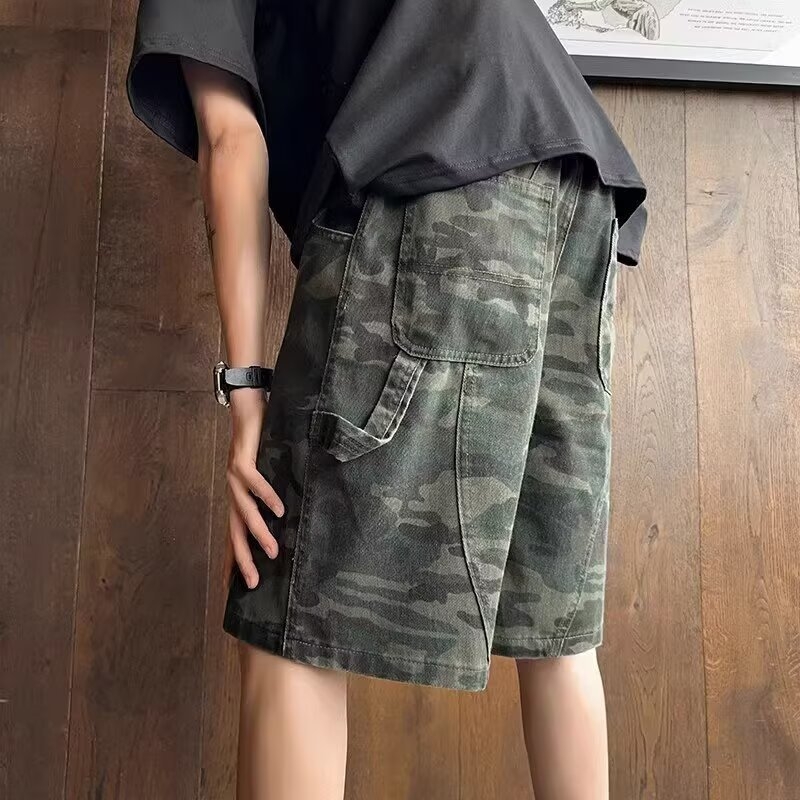 Dekonstruktiivsed kamuflaaž džinsšortsid - vaba lõige, mikroelastsest puuvillast denimi, suvi 2025