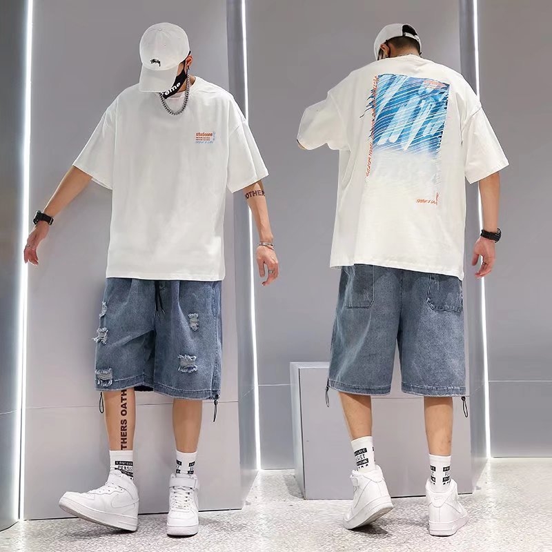 Meeste denimlühikesed püksid, suve mudel, sirge lõige, viie taskuga disain, puuvillasegu 55%