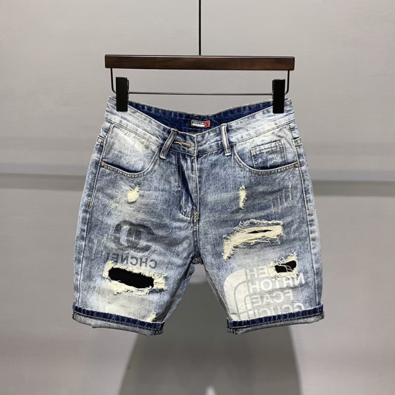 Meeste casual suve džinšortsid, slim fit, distressed, kapri pikkus, 65% puuvill, Korea stiil