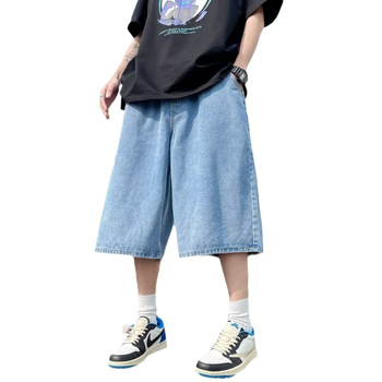 Meeste džinised lühikesed püksid jaapani retro stiilis, sirge lõige, lühike pikkus, keskmine vöökoht, pestud puuvillane denimi, 60-80% puuvill, suvi 2024