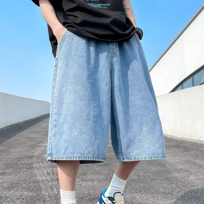 Meeste džinised lühikesed püksid jaapani retro stiilis, sirge lõige, lühike pikkus, keskmine vöökoht, pestud puuvillane denimi, 60-80% puuvill, suvi 2024