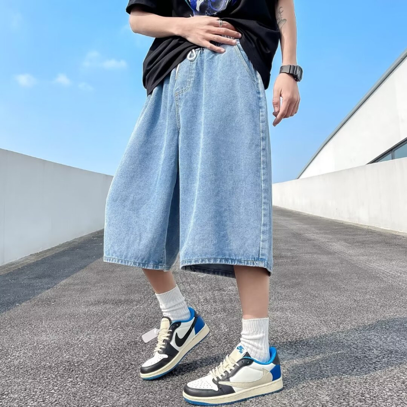 Meeste džinised lühikesed püksid jaapani retro stiilis, sirge lõige, lühike pikkus, keskmine vöökoht, pestud puuvillane denimi, 60-80% puuvill, suvi 2024