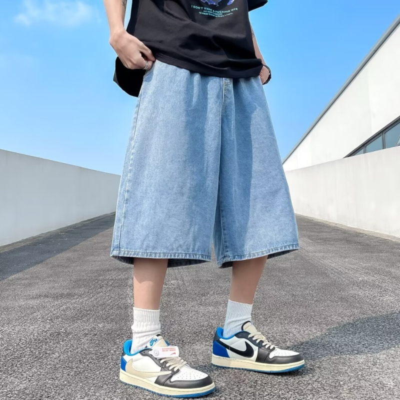 Meeste džinised lühikesed püksid jaapani retro stiilis, sirge lõige, lühike pikkus, keskmine vöökoht, pestud puuvillane denimi, 60-80% puuvill, suvi 2024