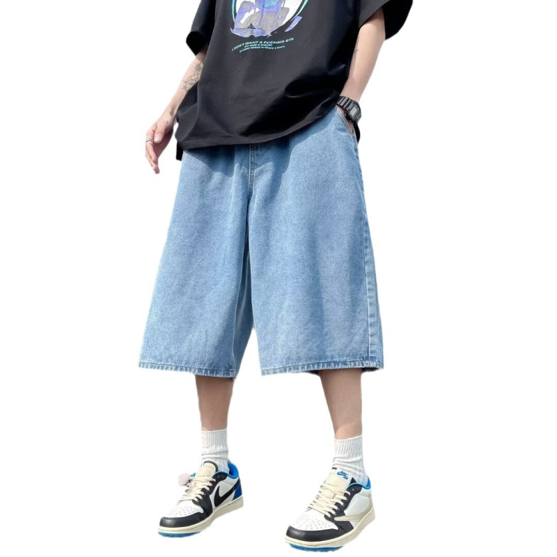 Meeste džinised lühikesed püksid jaapani retro stiilis, sirge lõige, lühike pikkus, keskmine vöökoht, pestud puuvillane denimi, 60-80% puuvill, suvi 2024