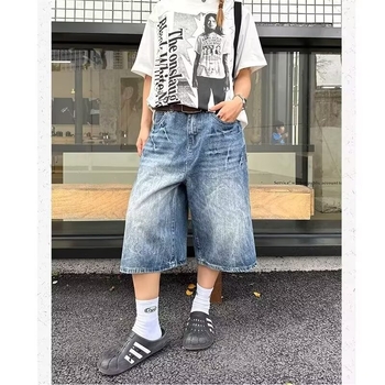 Meeste lühikesed džinsised šortsid, keskmine vöökoht, sirge lõige, nööpidega ees, kontrastsete õmblustega