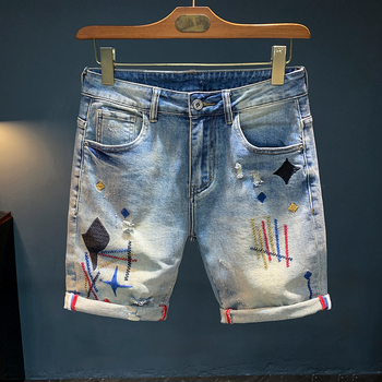 Meestele mõeldud tikandid denimi lühikesed püksid – retro sirge lõige, puuvillaseguline, mikroelastsus