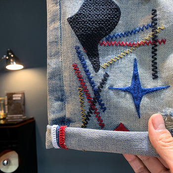 Meestele mõeldud tikandid denimi lühikesed püksid – retro sirge lõige, puuvillaseguline, mikroelastsus