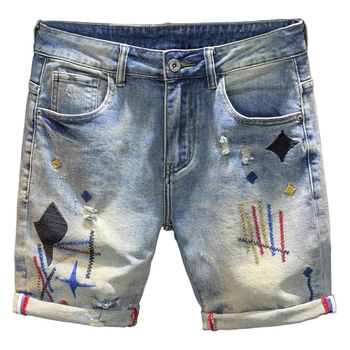 Meestele mõeldud tikandid denimi lühikesed püksid – retro sirge lõige, puuvillaseguline, mikroelastsus