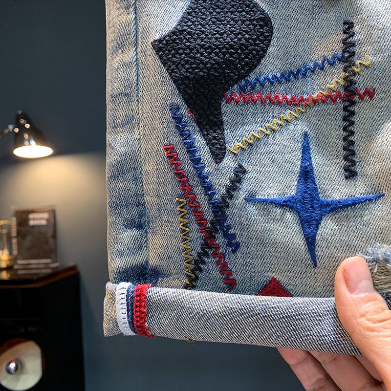 Meestele mõeldud tikandid denimi lühikesed püksid – retro sirge lõige, puuvillaseguline, mikroelastsus