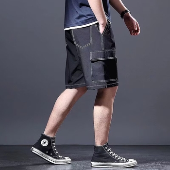 Meeste tööriided lühikesed püksid mitme taskuga, vaba lõige, keskmise pikkusega, 100% Cowboy kangas, Korea stiil, suvi 2025