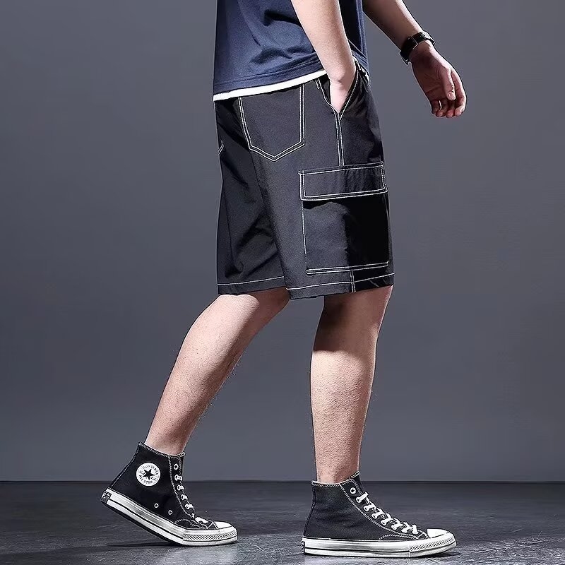 Meeste tööriided lühikesed püksid mitme taskuga, vaba lõige, keskmise pikkusega, 100% Cowboy kangas, Korea stiil, suvi 2025