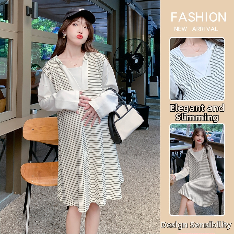 Tehotenské šaty na jeseň, dlhé rukávy, okrúhly výstrih, pruhovaný vzor, stredne dlhé šaty, polyester s kolážovým detailom