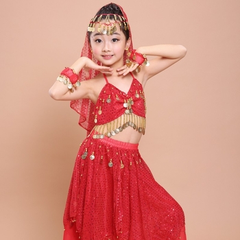 Laste kõhutantsu etteaste kostüümide komplekt — šifonist materjal, peamine kangas: polüester, voodri sisaldus 60%, tüdrukutele kuni 17-aastased