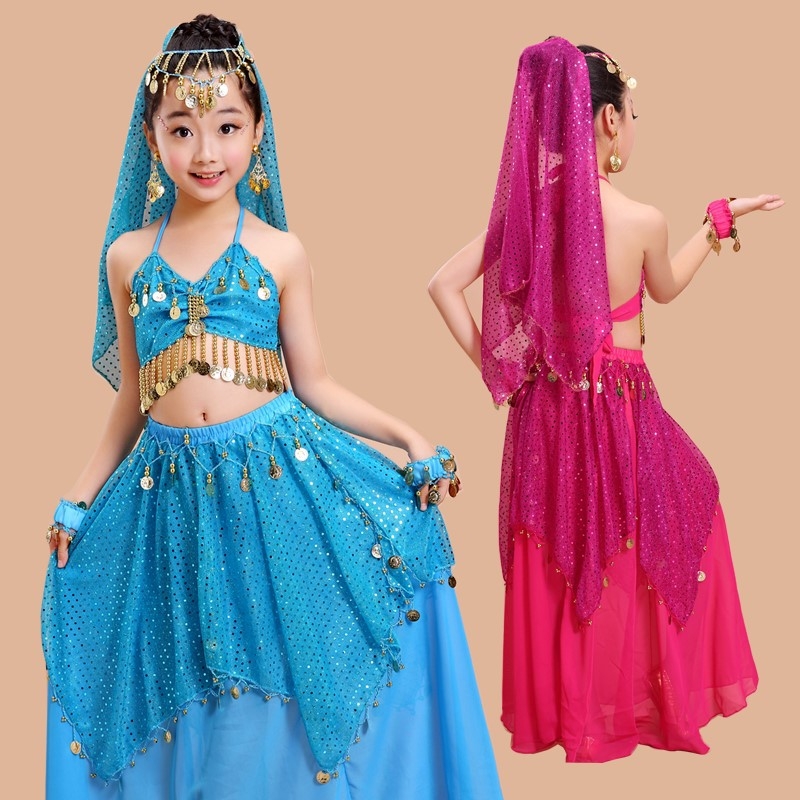 Laste kõhutantsu etteaste kostüümide komplekt — šifonist materjal, peamine kangas: polüester, voodri sisaldus 60%, tüdrukutele kuni 17-aastased