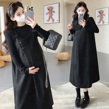 Rasedate sügis-talvise sequin kleit komplekt aluseks top, pikkade varrukatega, midi pikkus, viskoosi segu 30–50%, seelik-kostüümi stiil