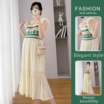 Rasedate suvekleit ilma varrukateta ruudukujulise kaelusega, puuvillasegu kangas, midi pikkus, etnilise stiiliga, suvi 2022