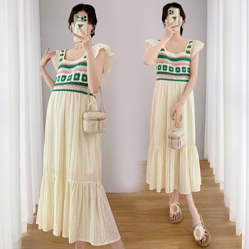 Rasedate suvekleit ilma varrukateta ruudukujulise kaelusega, puuvillasegu kangas, midi pikkus, etnilise stiiliga, suvi 2022