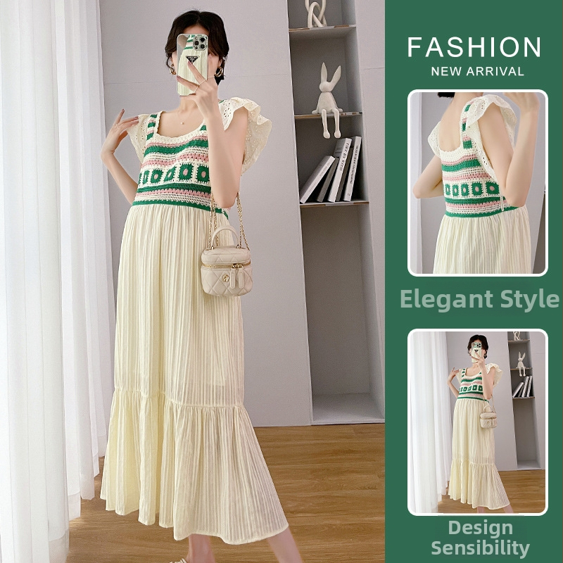 Rasedate suvekleit ilma varrukateta ruudukujulise kaelusega, puuvillasegu kangas, midi pikkus, etnilise stiiliga, suvi 2022