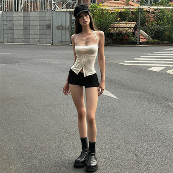 Halternekk-topp, varrukateta, kits lõik, polüester koos spandeksiga, mikroelastsus, suvi 2025